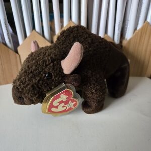 Vintage TY Buffalo Roam Beanie Baby Plush 6" 1998 brown 90s tag protector scruff